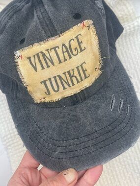 Handmade Distressed Grey Baseball Cap with 'Vintage Junkie”